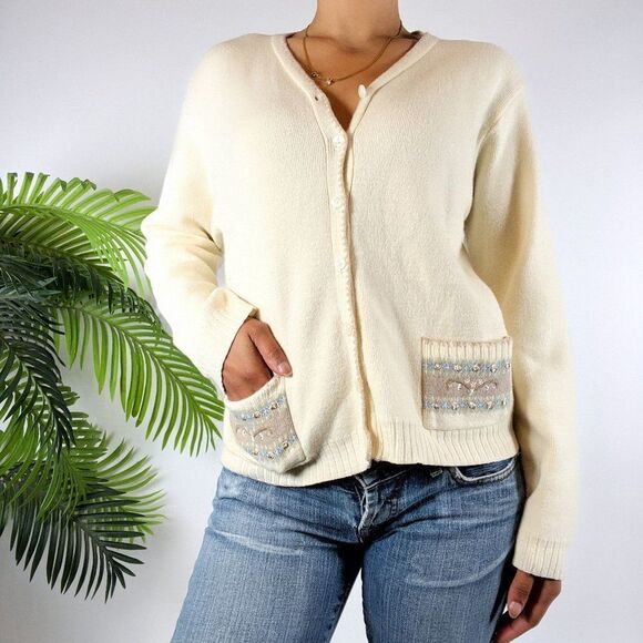 Vintage 90s Cream Floral Cottagecore Wool Knit Grandma Sweater Cardigan / Large - Picture 3 of 5